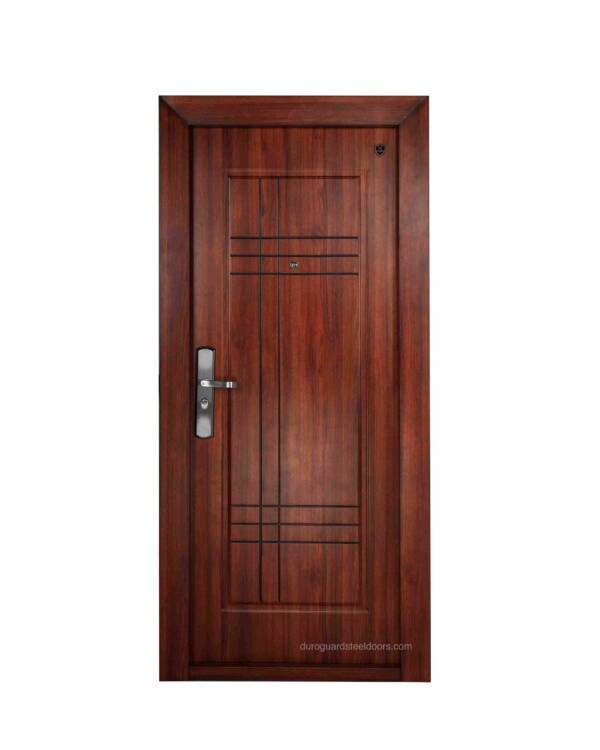 DG706 – Minimalist Steel Door with Linear Grooved Design & Mahogany Finish