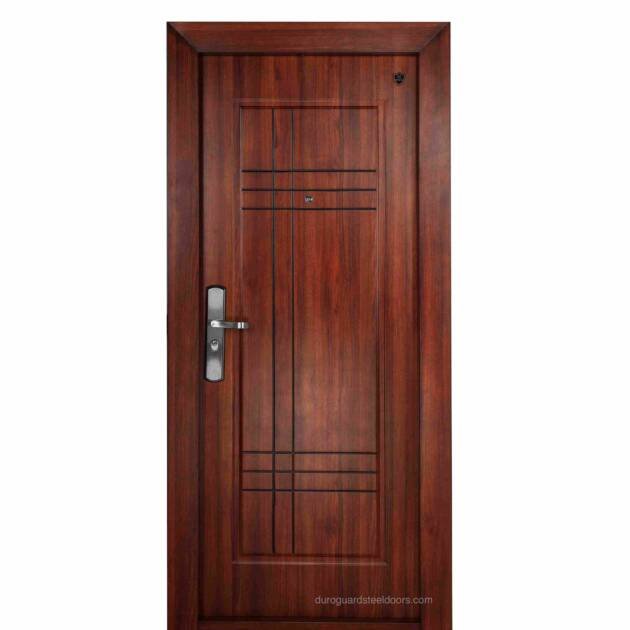 DG706 – Minimalist Steel Door with Linear Grooved Design & Mahogany Finish